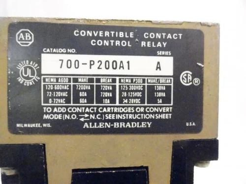 Allen-Bradley 700-P200A1; Convertible Contact Control Relay