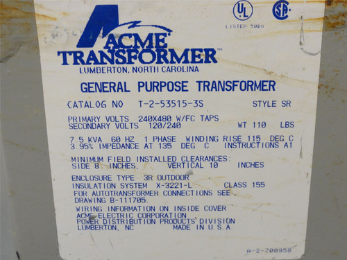 Acme  T-2-53515-3S; Transformer; 7.5KVA; 240X480VAC Primary; 1-Ph