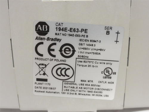 Allen-Bradley 194E-E63-PE; Grounding Terminal; 40/63A; 690VAC