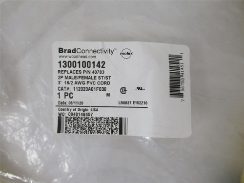 Woodhead 1300100142; Cord 600V 2P Male/Female 3'