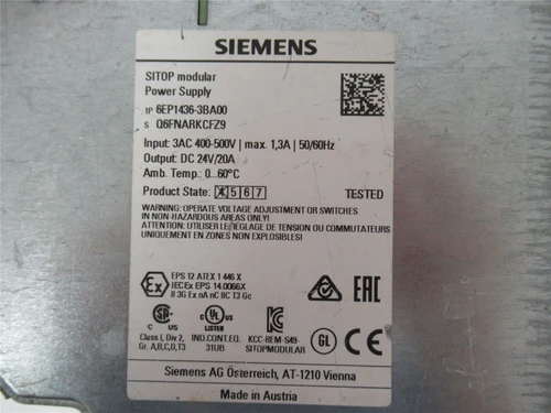 Siemens 6EP1436-3BA00; Power Supply 3AC 400/500V Input 24VOut