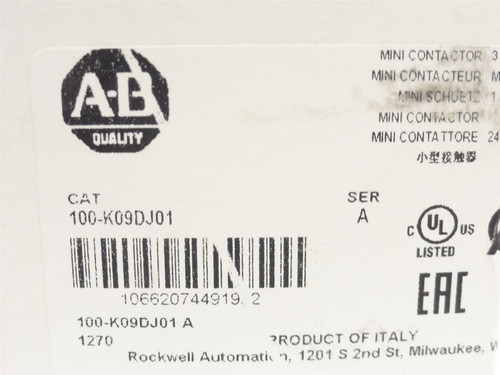 Allen-Bradley 100-K09DJ01; Contactor 9A 3P 600VAC; Coil 24VDC