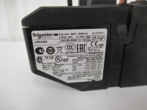 Schneider LRD3363; Overload Relay63-80 AMP600 VAC400HZ 3POLE