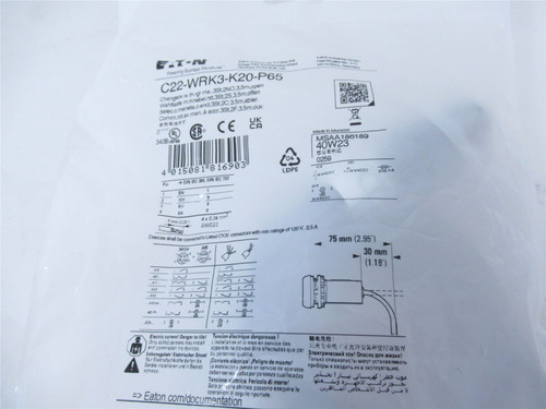 Eaton C22-WRK3-K20-P65; Push Button Switch 38 mm Factory Seal