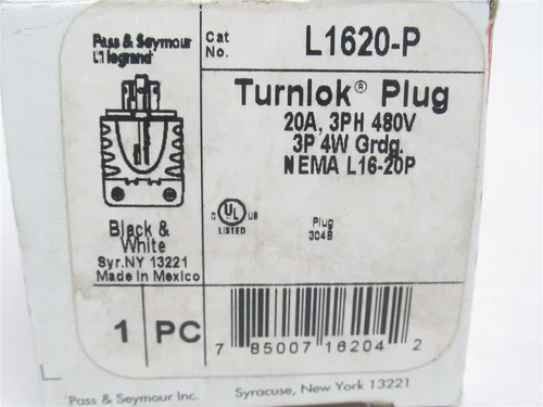 Pass&Seymour L1620-P; Locking Plug; 20A; 480VAC; 3 Pole
