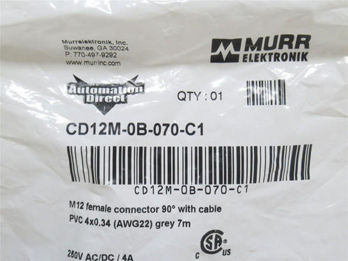 Murr CD12M-0B-070-C1; Connection Cable; Male; M12; 4-Pole; RA