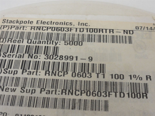 Stackpole RNCP0603FTD100R; Lot-3000 Thin Film Chip Resistors