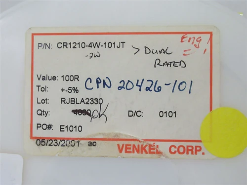 Venkel CR1210-4W-101JT; Lot-3500 Chip Resistor; 100ohm