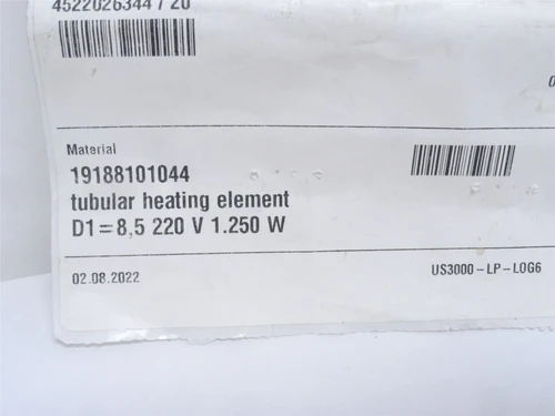 Multivac 19188101044; Tubular Heating Element; 1250W; 220VAC
