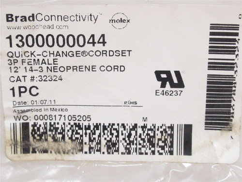 Woodhead 1300000044; QC Cordset 32324; 3P; Female; 12' Long