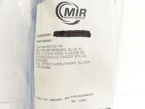 Carruthers 1430088886; V-Guide Belt; 11-3/8" Wide x 52" Long