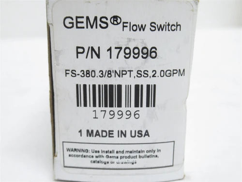 GEMS 179996; Liquid Flow Switch FS-380; SS; 3/8NPT; 1-2GPM