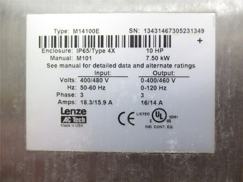 Lenze M14100E; Frequency Inverter; SS; 10HP; 400/480VAC; 3PH