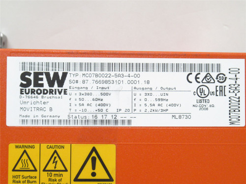 SEW MC07B0022-5A3-4-00; Inverter Drive Base Module 380-500VAC