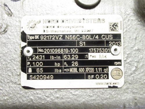 Nord SK 92172VZ N56C-80/L4 CUS; Gear Motor; 1HP; 63.29:1; 3Ph