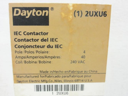 Dayton 2UXU6; Contactor 40A 4P 600V Max; Coil: 240V