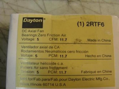 Dayton 2RTF6; Axial Fan; Square; 5 VDC; 0.13A; 0.7A; 3000RPM