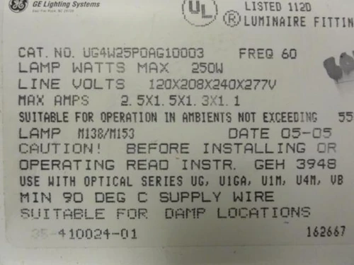 GE UG4W25P0AG10003; Ballast Housing; 250 W