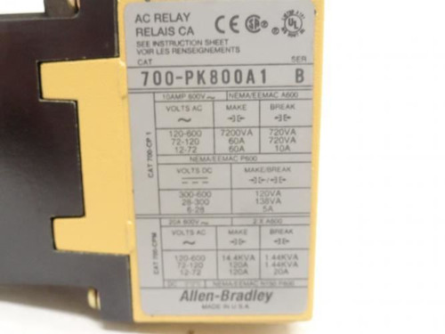 Allen-Bradley 700-PK800A1; Relay 20A; 600VAC; Coil: 115-120VAC