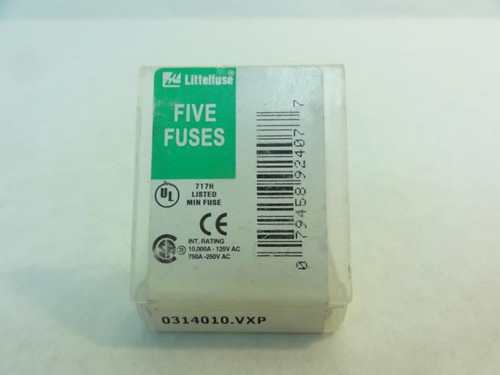 Littelfuse 0314010.VXP; Lot-5 Fuses; 0.1A; 250V
