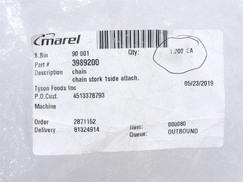 Marel 3989200; Leg Quarter Chain; SS; Side Attachment; 10' L