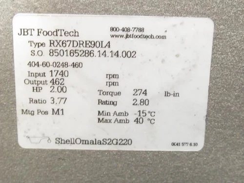 JBT RX67DRE90L4; Gear Motor; 3.77:1 Ratio; 230/460VAC