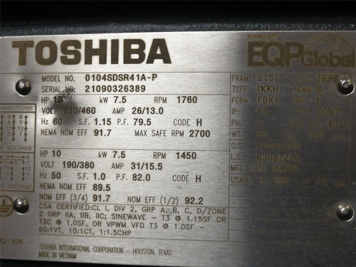 Toshiba 0104SDSR41A-P; Motor; 10HP; 230/460VAC; 1760RPM; 3PH