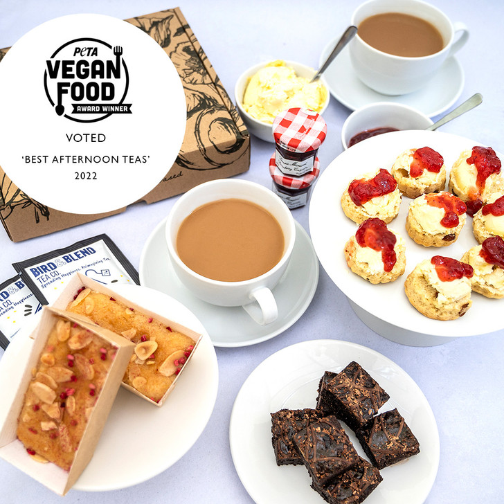 Vegan and gluten free afternoon tea voted Peta Best Afternoon Tea award. 4 mini fruit scones, 6 salted caramel brownie bites, 'not clotted cream', jam, 2 raspberry bakewell mini loaf cakes and tea. Afternoon tea delivered.