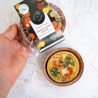 Tomato & Basil Quiche | Vegan, gluten free, dairy free, eggless Vegan Tomato & Basil Quiche perfect for Summer Picnics Our mediterranean inspired Tomato & Basil Quiche is gluten-free and vegan, full of flavour with a bold tomato and basil the a truely irresistible. Enjoy them as a snack, part of a summer picnic, or pair them up with our afternoon tea range! Packaged in 100% plastic free and fully biodegradable packaging this really is the perfect treat. Each homemade pastry quiche has a diameter of 8cm purchasable individually, as a pack of 4 or pack of 8. T