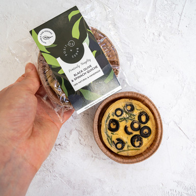 Black Olive & Spinach Quiche | Vegan, gluten free, dairy free, eggless Black Olive & Spinach Vegan Quiche perfect for Summer Picnics Our savoury black olive and spinach vegan quiche is gluten-free and vegan, full of flavour perfect for warm summer days. Enjoy them as a snack, part of a family picnic, or pair them up with our afternoon tea range! Packaged in 100% plastic free and fully biodegradable packaging this really is the perfect treat. Each homemade pastry tart has a diameter of 8cm purchasable individually, as a pack of 4 or pack of 8. Treats Delivered Want 