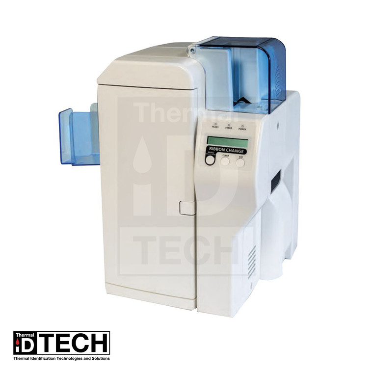 Tan and blue smart card printer with display.