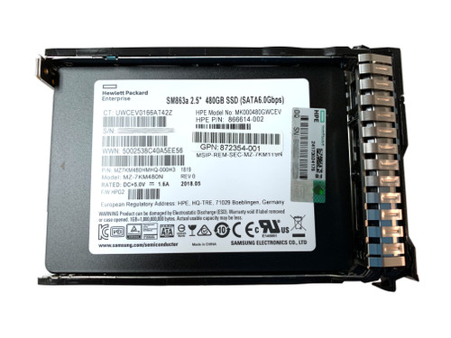 The 875470-B21 is a HPE 480GB, 6G transfer rate, SATA solid state drive bundled with a smartcarrier tray.