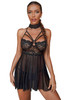Black Lace Sheer Splicing Strappy Badydoll Set