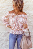 Pink Off The Shoulder Puff Sleeve Ruffled Floral Print Blouse