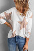 White Leopard Star Waffle Knit Long Sleeve Top