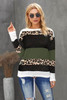 Green Crewneck Leopard Color Block Knit Pullover Sweater