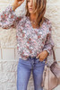 Multicolor Floral Print V Neck Long Puff Sleeve Top