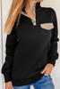 Black Quilted Snaps Stand Neck Sweatshirt with Fake Front Pocket