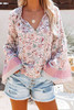 Pink Floral Print V Neck Drawstring Flared Sleeve Top