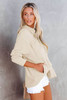 Beige Pocketed Button Ribbed Textured Shacket