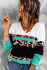 Leopard Print Color Block V Neck Sweater