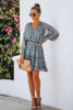 Sky Blue Print Smocked Puff Sleeve Tiered Ruffled Mini Dress