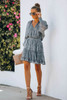 Sky Blue Print Smocked Puff Sleeve Tiered Ruffled Mini Dress