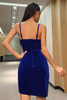 Blue Spaghetti Straps Ruched Velvet Bodycon Dress