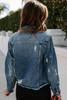 Blue Lapel Distressed Raw Hem Buttons Denim Jacket