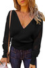 Black Sexy V Neck Surplice Hollow-out Sweater with Lace Sleeves