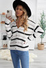 White V Neck Stripes Colorblock Button Cardigan