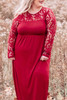 Red Plus Size 3/4 Lace Sleeve Yoke Maxi Dress