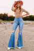 Sky Blue High Waist Raw Hem Button Ripped Flare Jeans