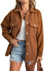 Brown Turn Down Collar Buttoned Baggy Coat with Pocket